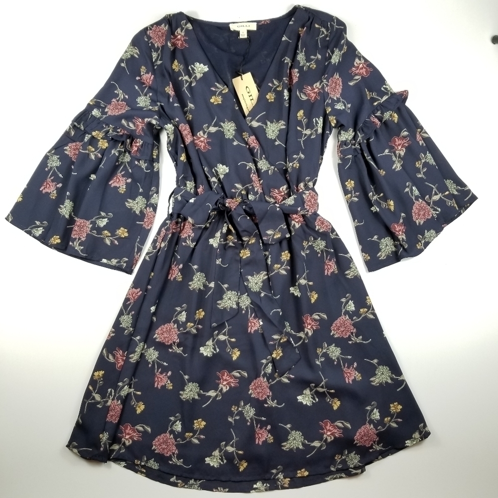 Gilli Floral 3/4 Bell Sleeve Tie Waist Dress Navy